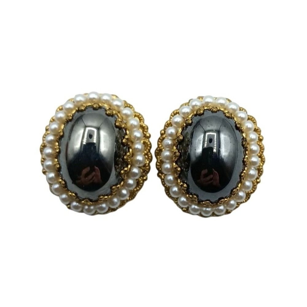 Vintage West Germany Earrings Black Hematite Cabochon Faux Pearl Beads Signed Je
